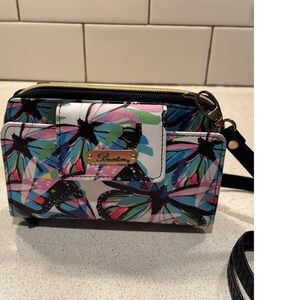 Buxton Butterfly Print Crossbody Wallet Bag Multi-Color Floral Organizer Purse